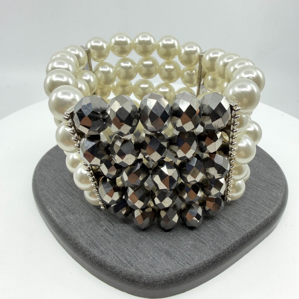 Chunky Multi Strand Faux Pearl Faceted Crystal Statement Bracelet Gothic Y2K